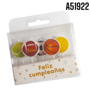FELIZ CUMPLEANOS CAJA 5 VELAS DECORATIVAS PELOTAS